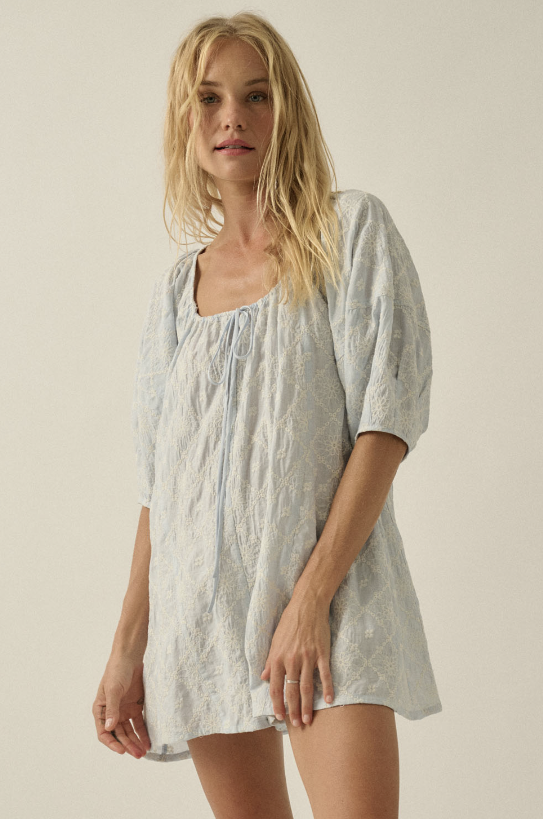 Floral Embroidered Puff Sleeve Babydoll Romper Light Chambray