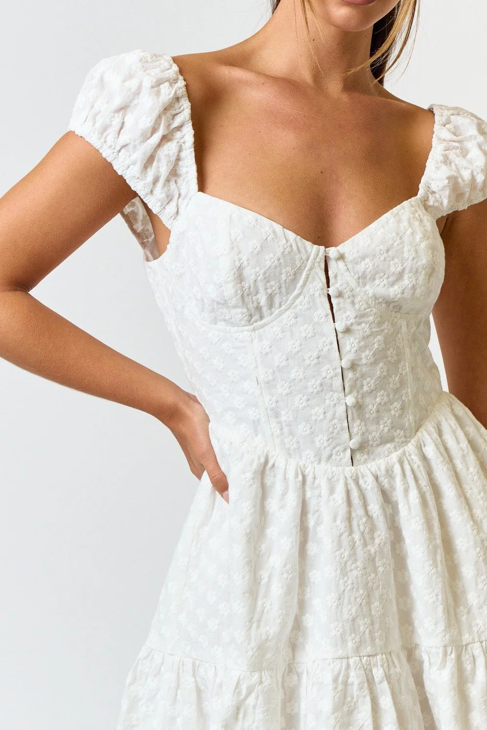 eyelet corset dress Blossom Energy Eyelet Lace Corset Mini Dress (Off White)