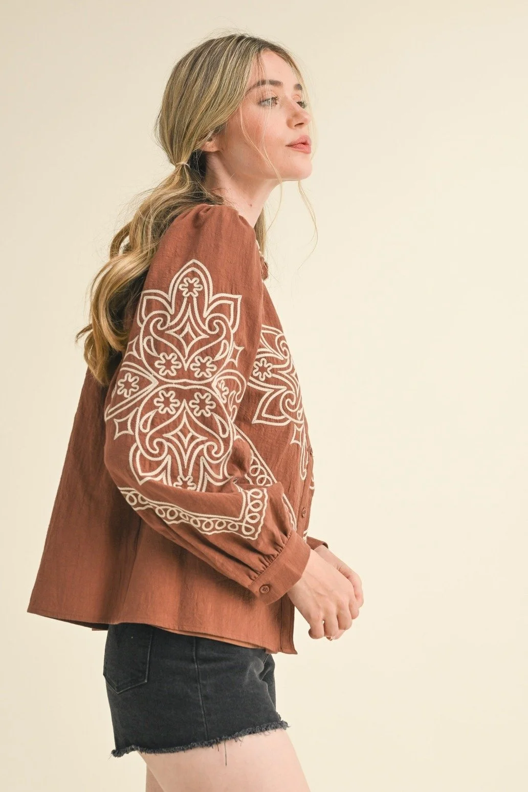 Western Embroidered Puff Sleeve Button Blouse Rust