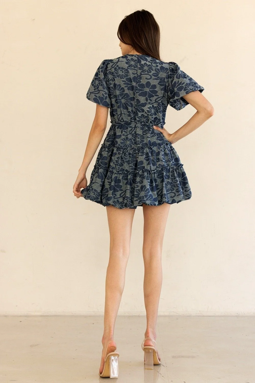 Puff Sleeve Tiered Mini Dress Indigo Floral