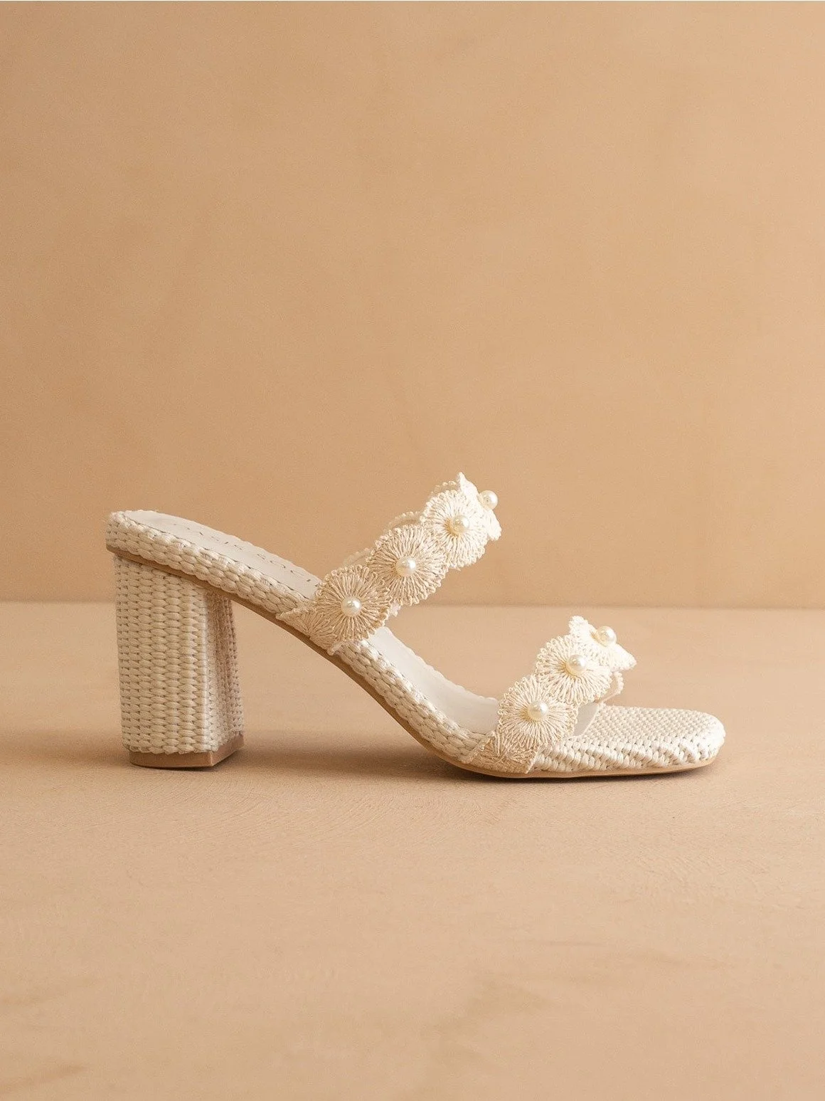 The Helena Raffia Block Heel Sandal with Pearls Ivory
