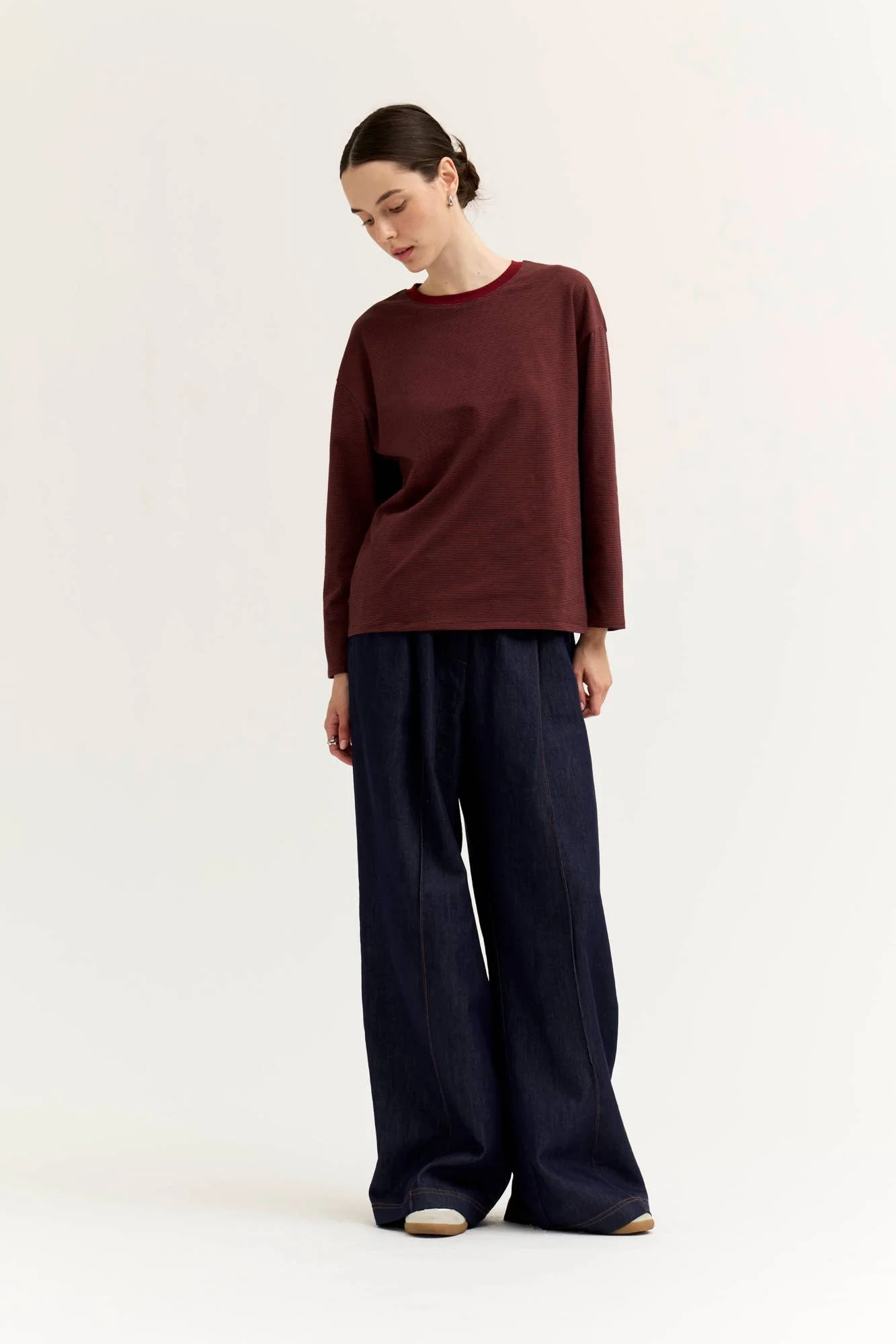 Contrast Color Ribbed Long Sleeve Tee Brick Red