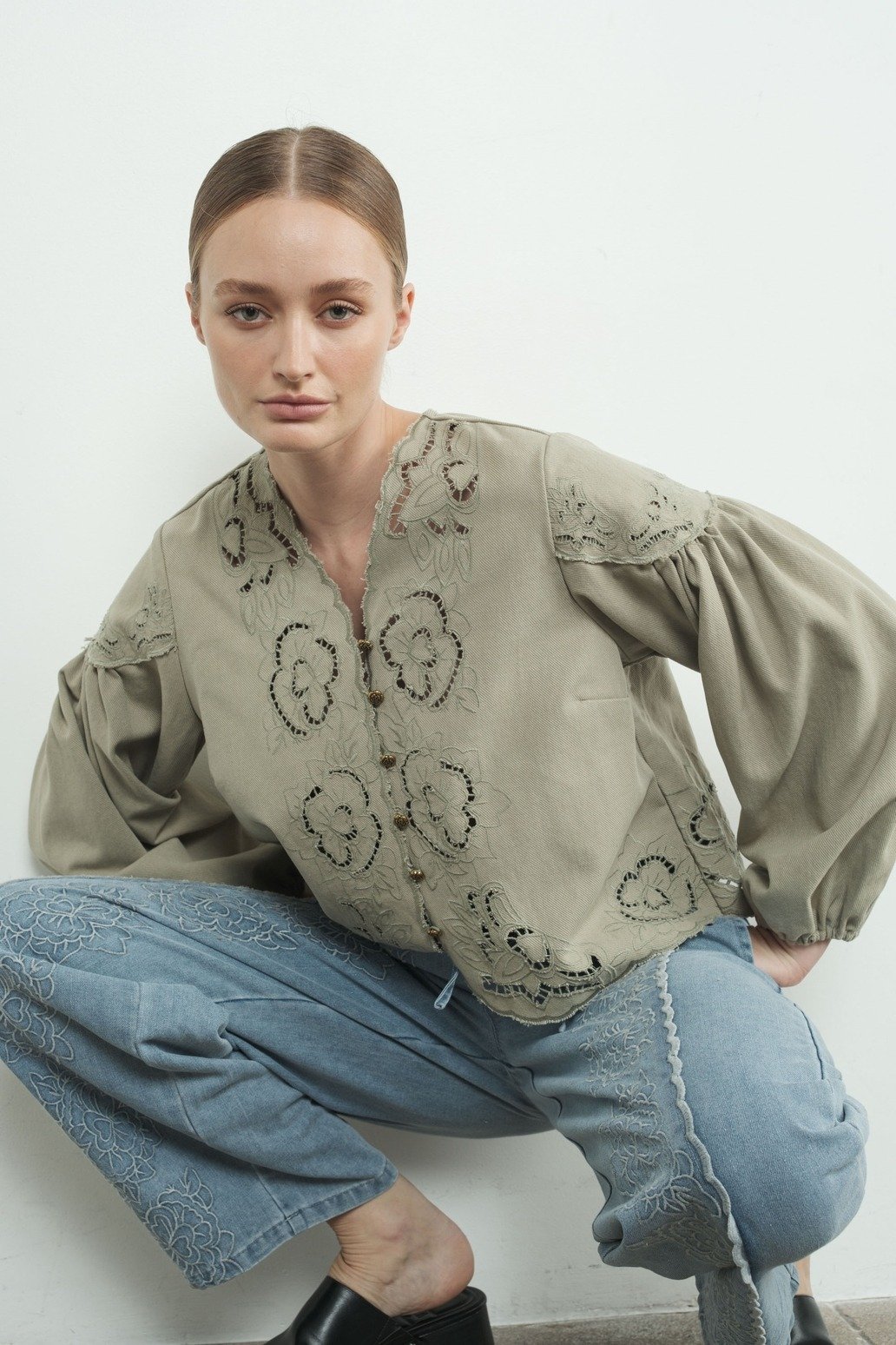 Embroidered Flower V-neck Button Blouse Olive