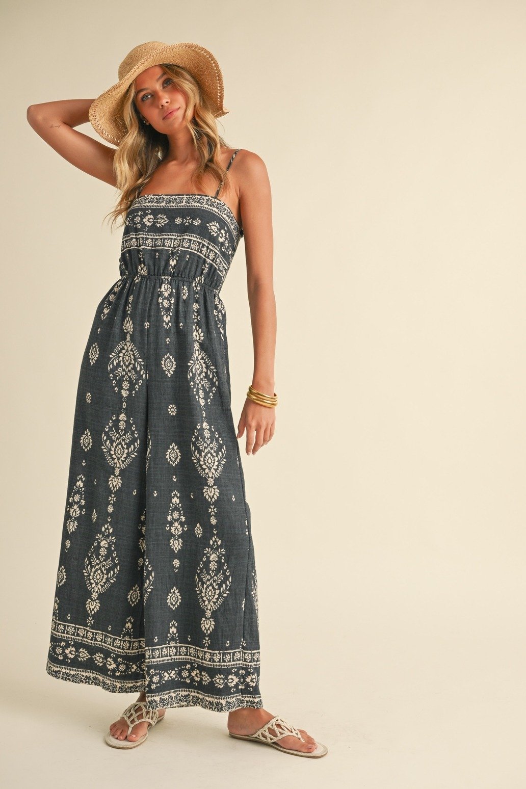 Bandana Print Wide Leg Jumpsuit Charcoal