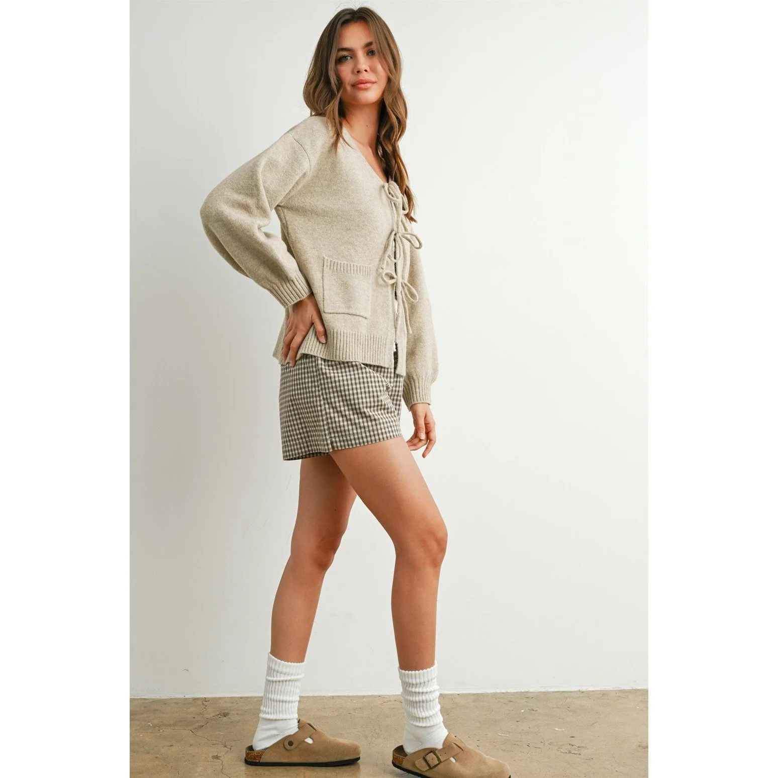 V-neck Tie Front Pocket Cardigan Taupe