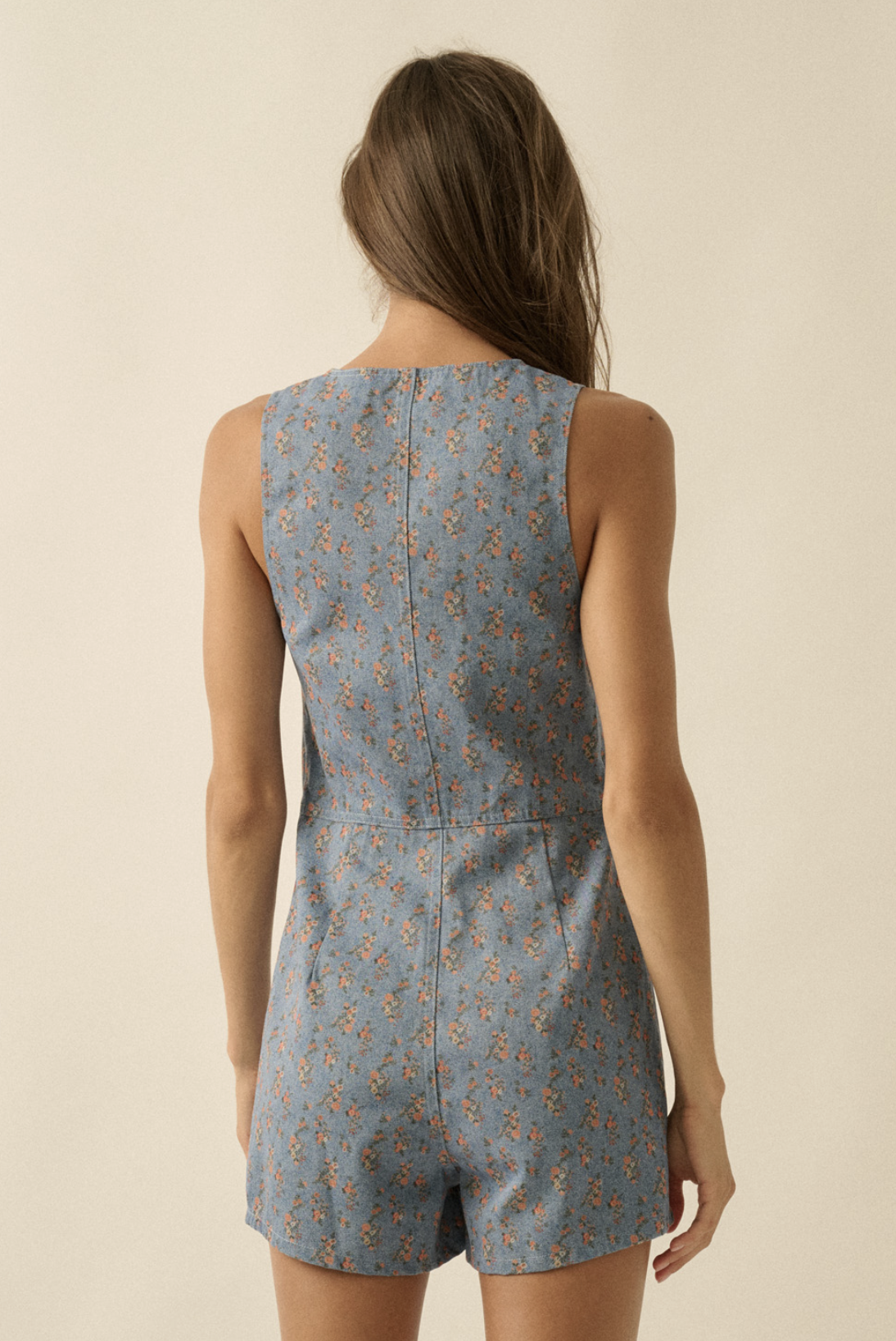 Sleeveless Vest Romper Denim Floral Print