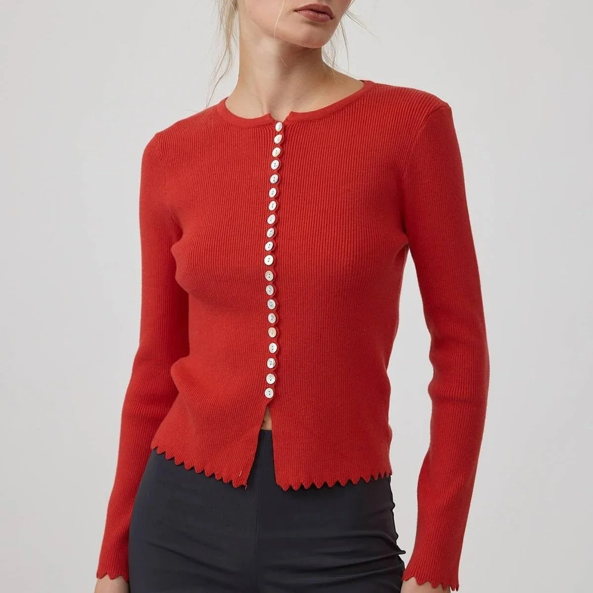 Scallop Trim Button Cardigan Red