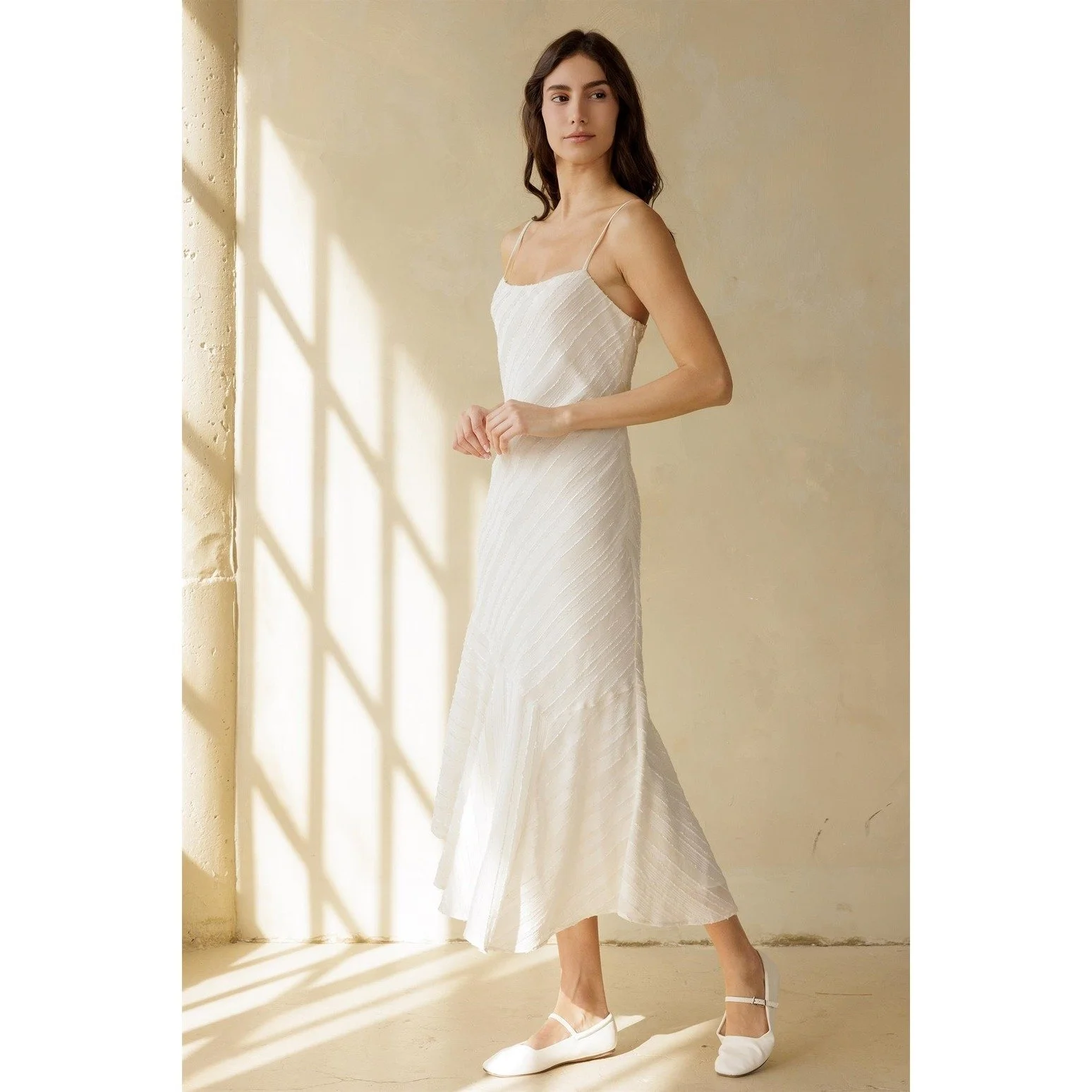 Asymmetric Ruffled Midi Slip Dress Cream