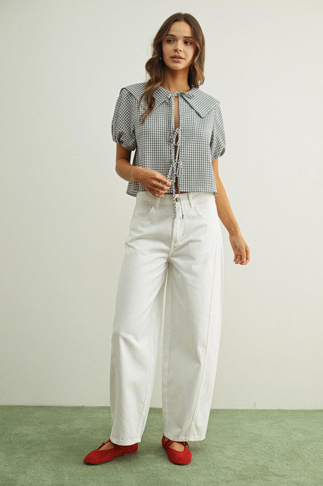 Front Tie Collared Blouse Blue Gingham