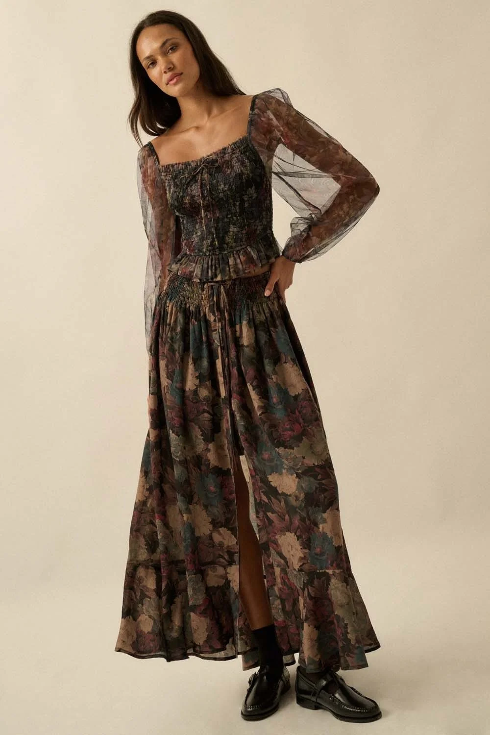 Drawstring Button Maxi Skirt Dark Floral