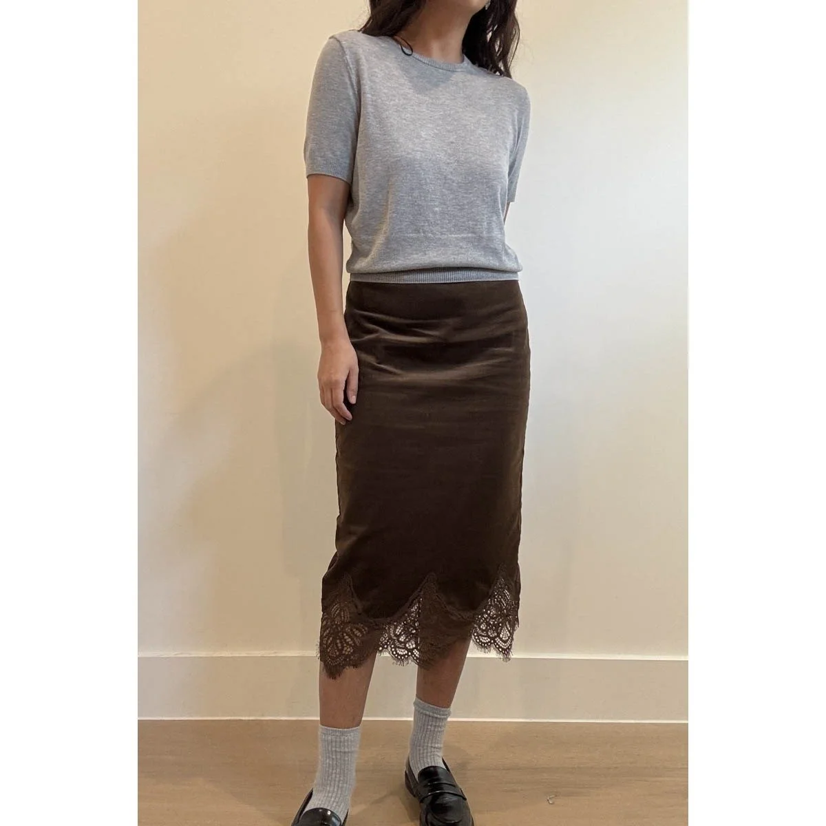 Lace Trimmed Corduroy Midi Skirt Chocolate