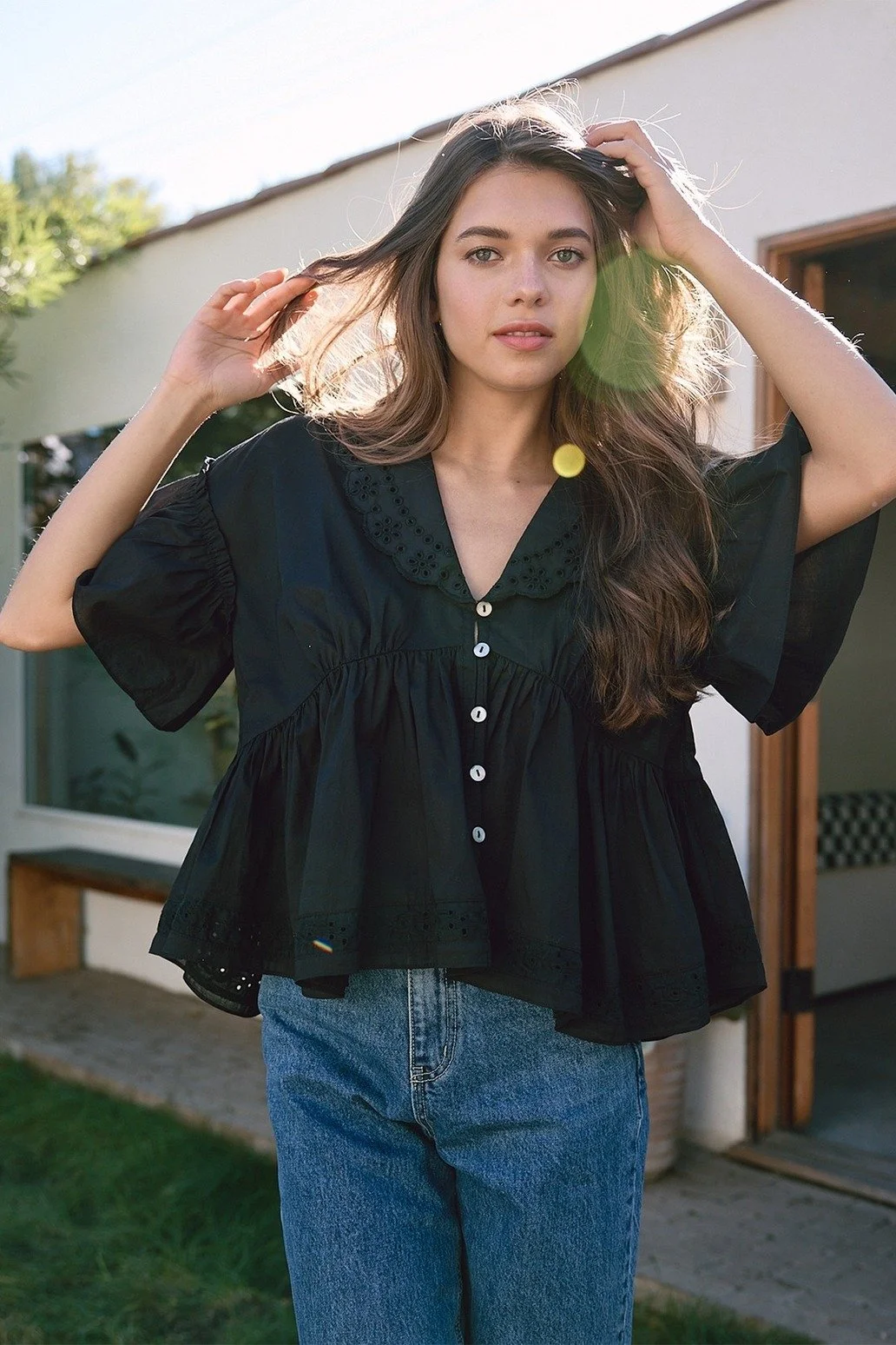 Eyelet Trim Ruffle Collar Blouse Black