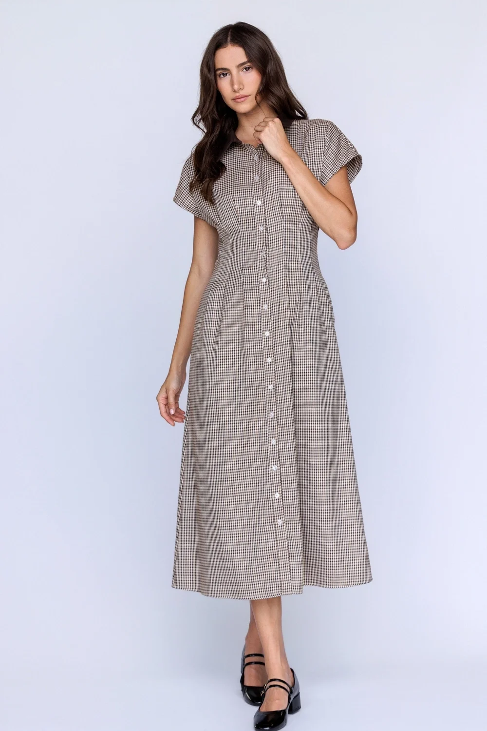 Pinch Pleat Collared Button Down Midi Dress Houndstooth