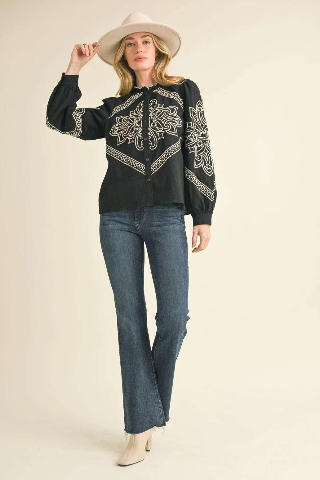 Western Embroidered Puff Sleeve Button Blouse Black
