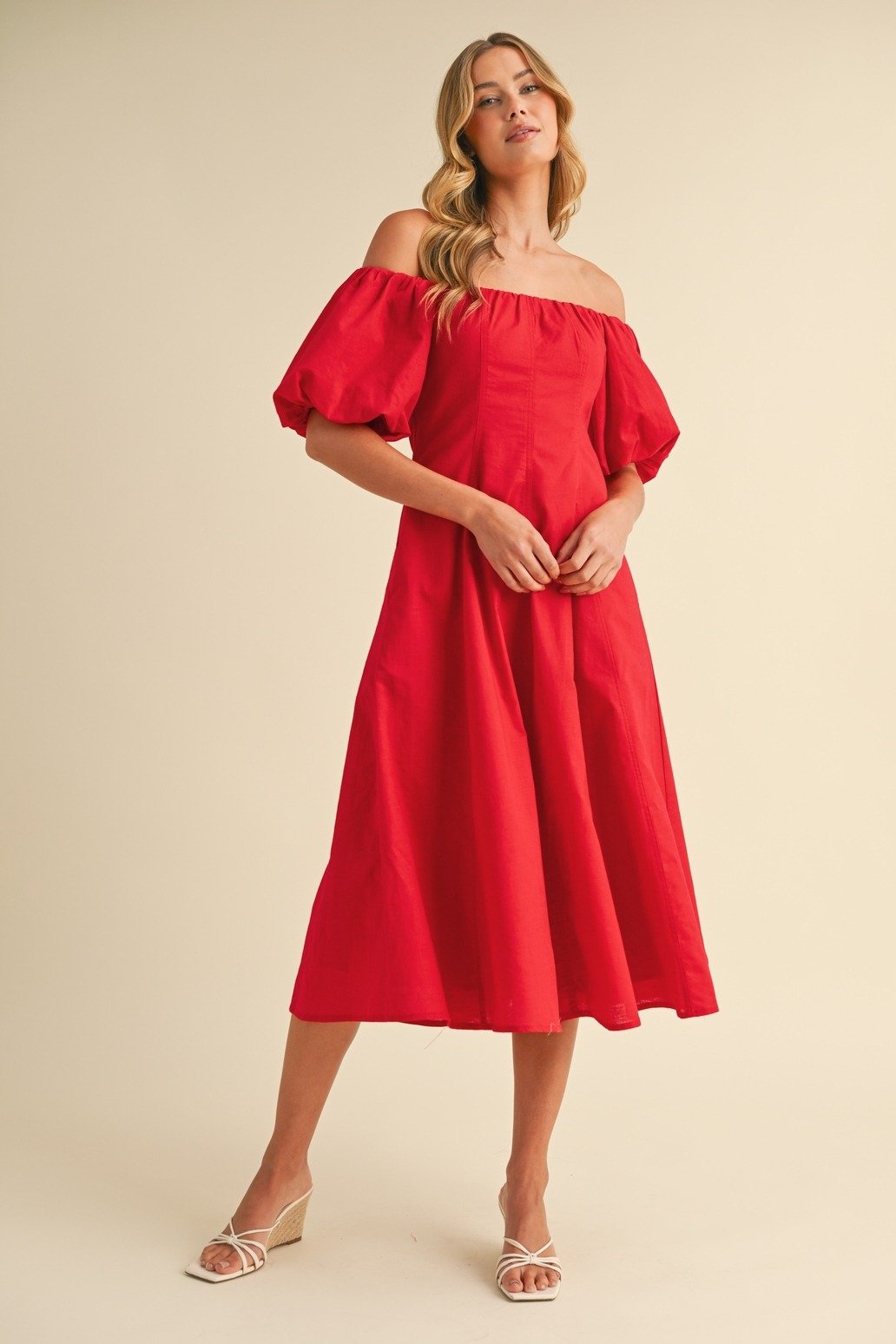 Puff Sleeve Off-Shoulder A-line Midi Dress Red
