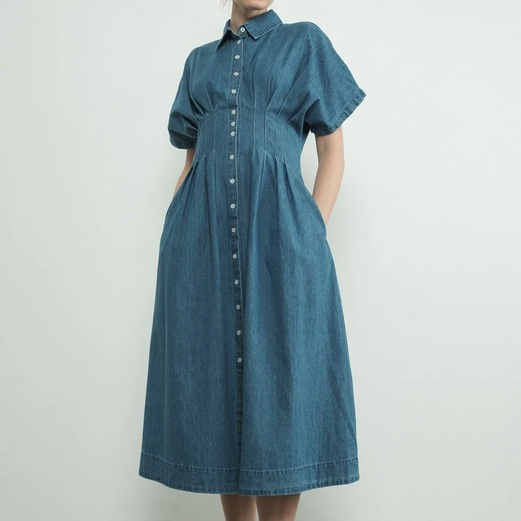 Collared Button Down Pleated Midi Dress Denim