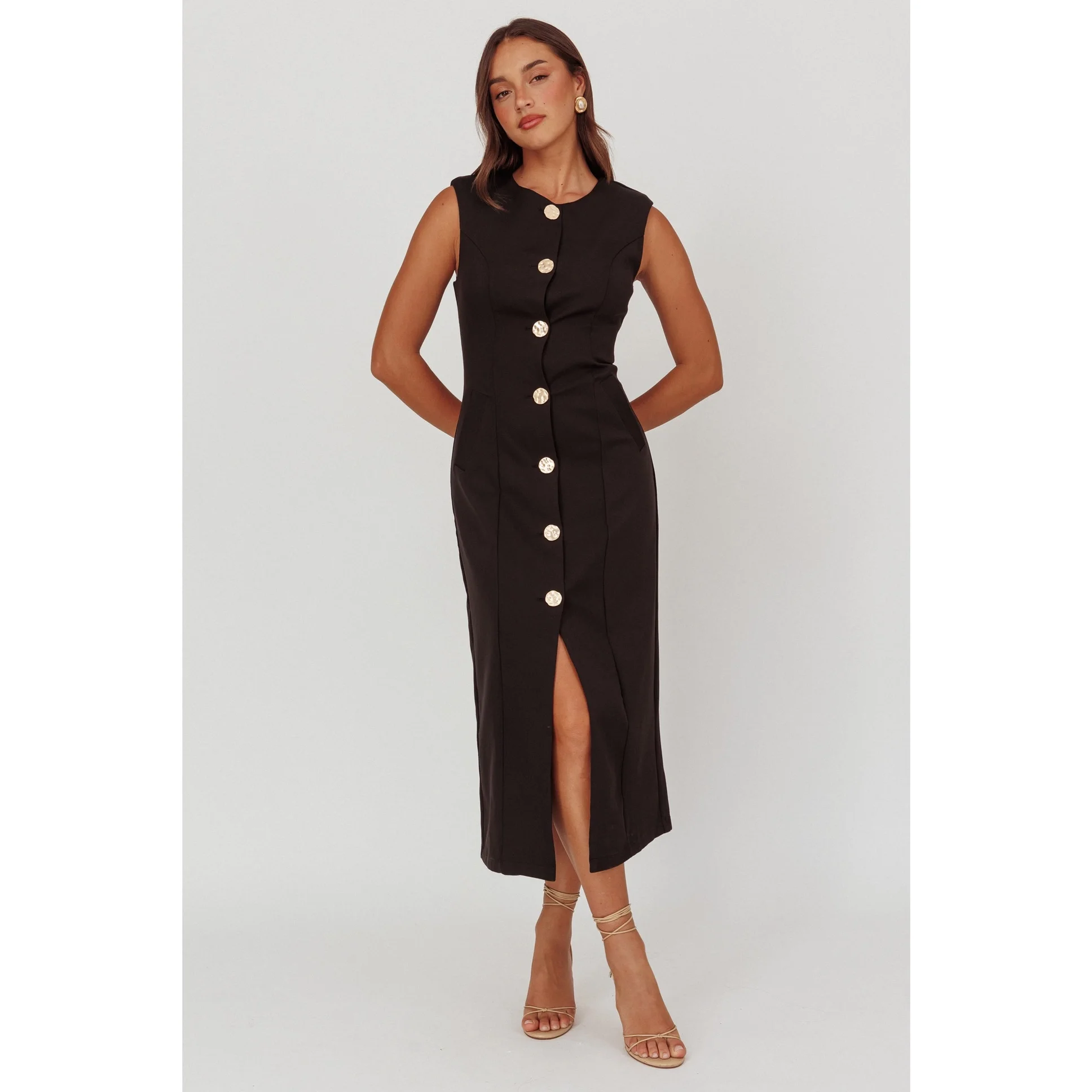 High Neck Button Front Mini Dress Black