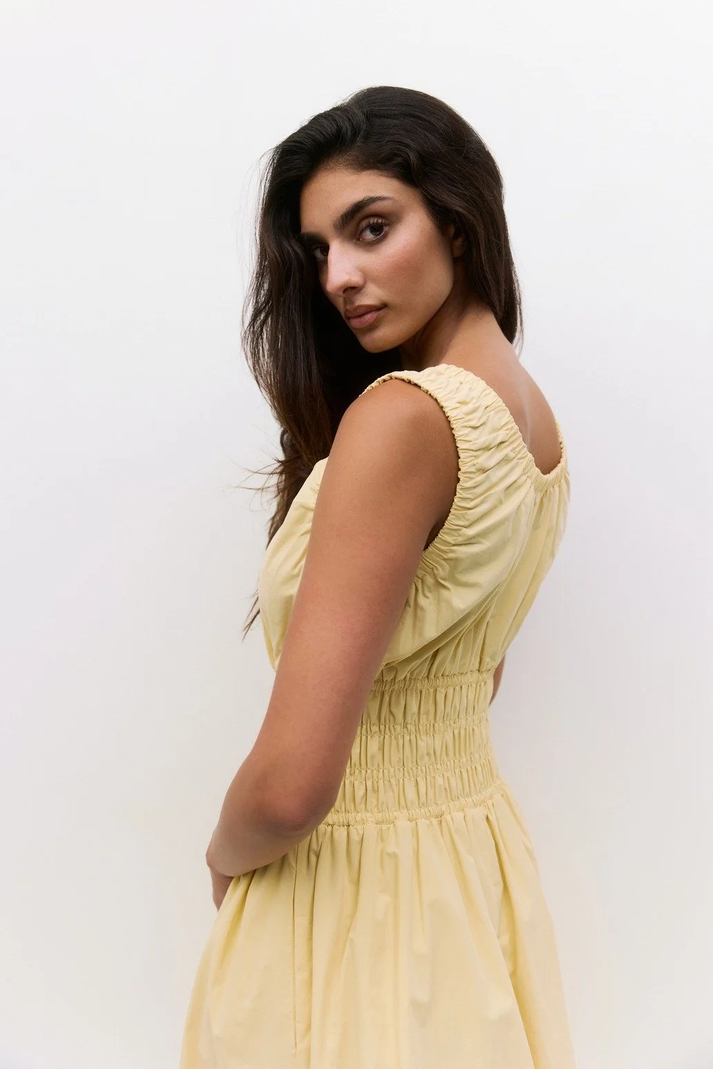 The Daniela Shirred Midi Dress Yellow