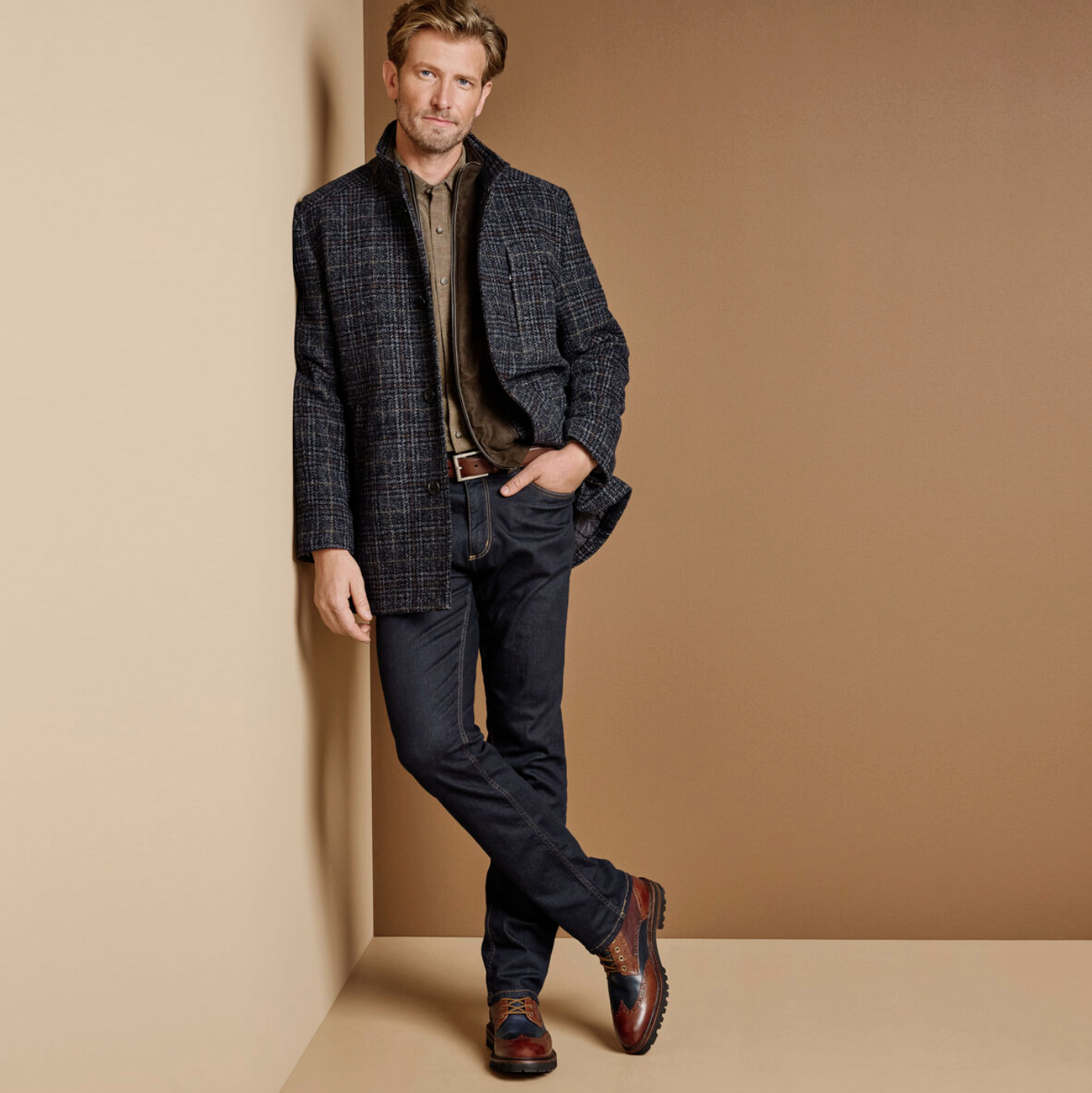 Johnston & Murphy Upton Car Coat Navy/Brown Plaid