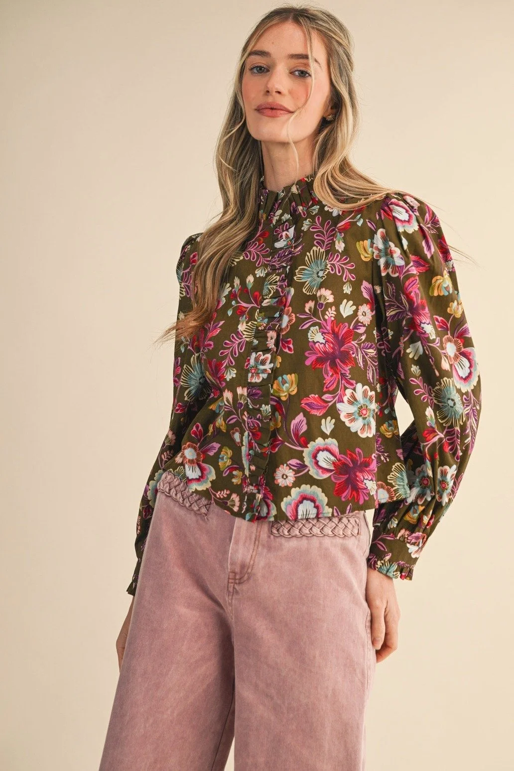 Ruffle Collar Button Blouse Olive Floral