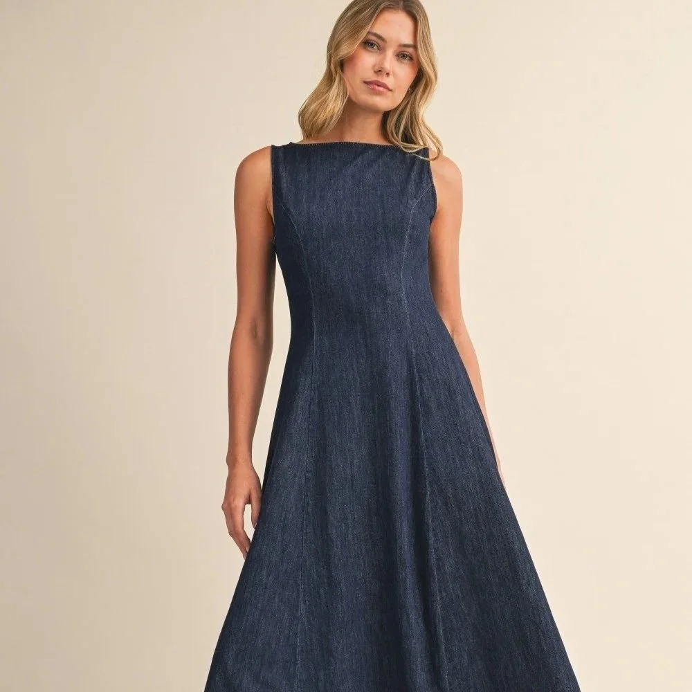 Boatneck Sleeveless Midi Dress Dark Denim