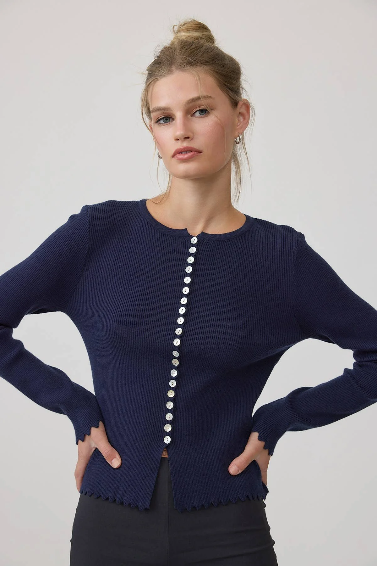 Scallop Trim Button Cardigan Navy