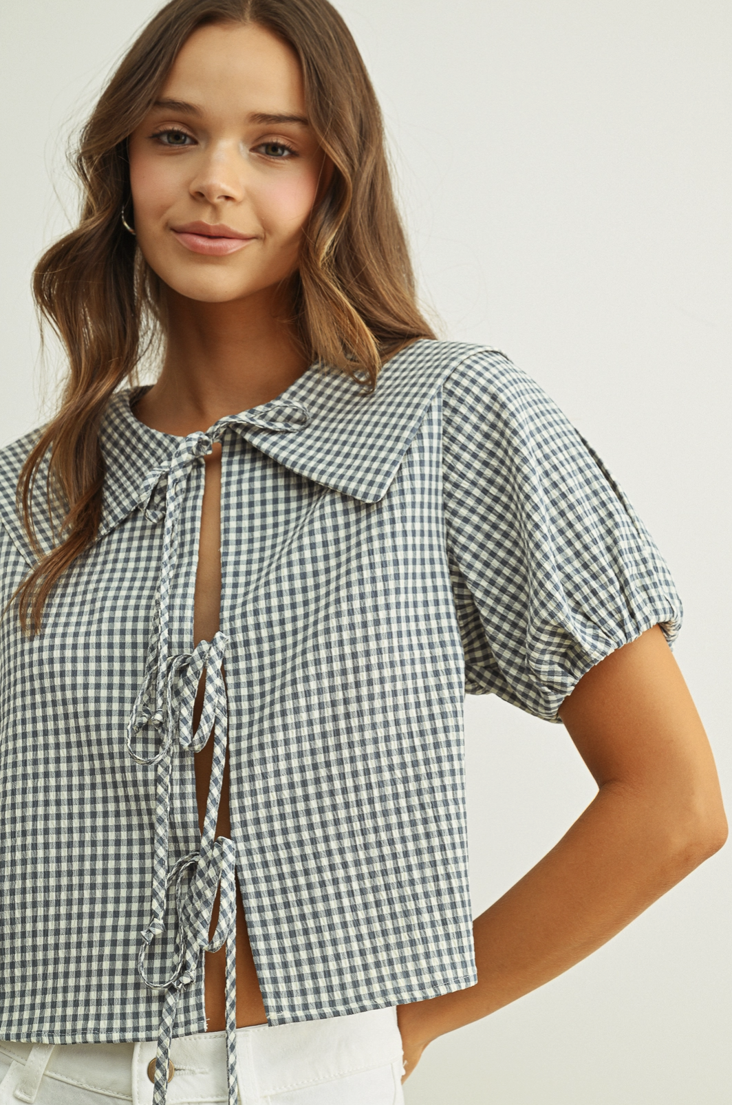 Front Tie Collared Blouse Blue Gingham