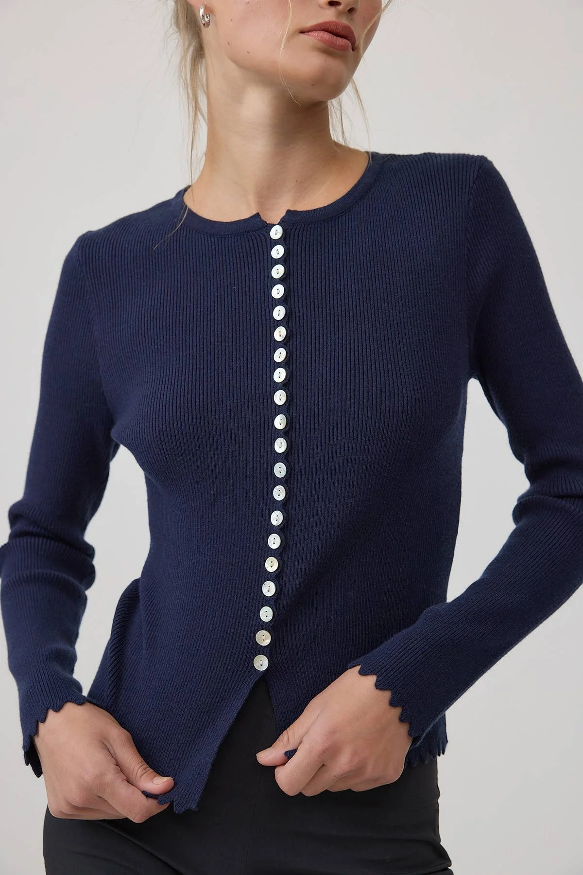 Scallop Trim Button Cardigan Navy