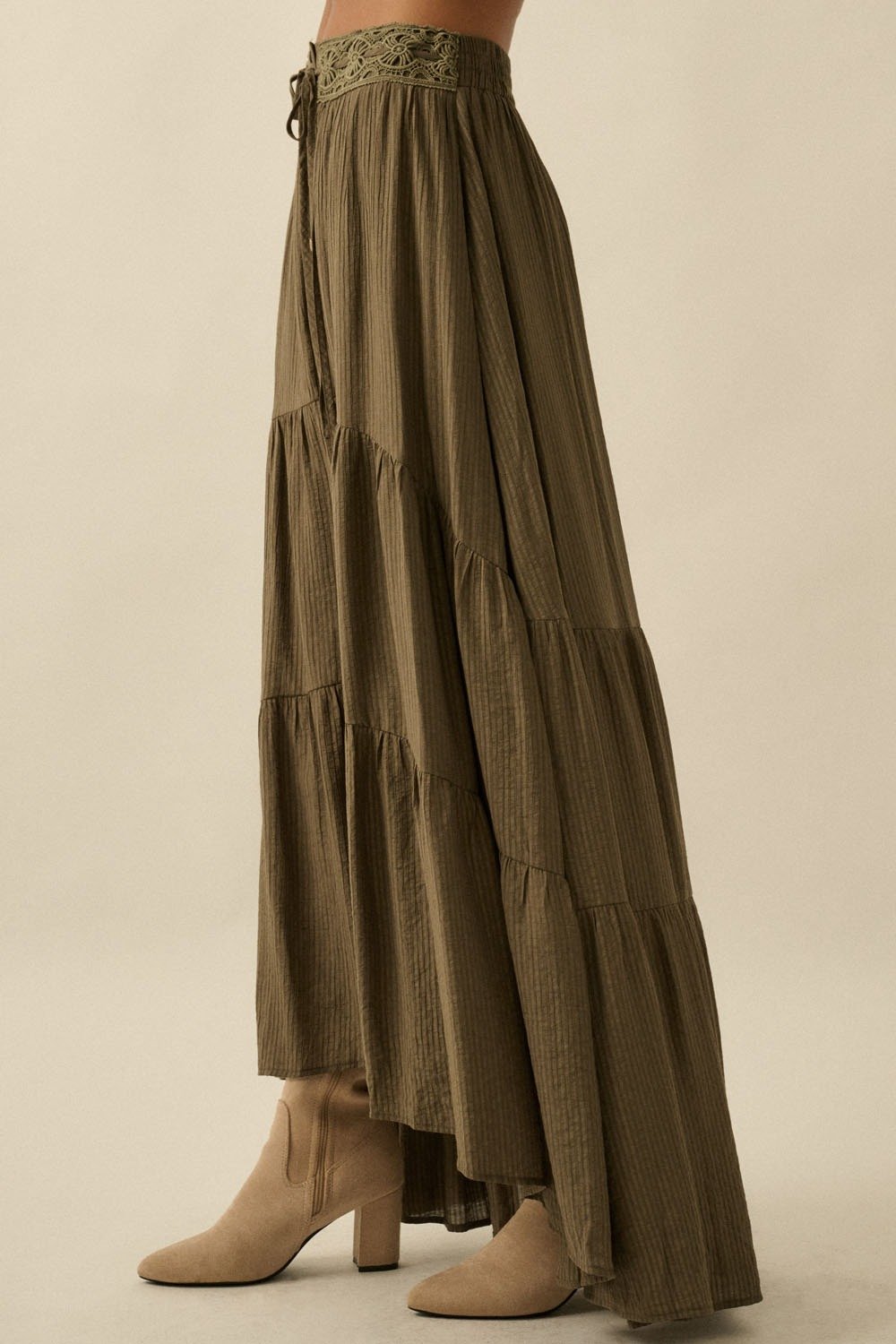 Crochet Trim Button Maxi Skirt Olive