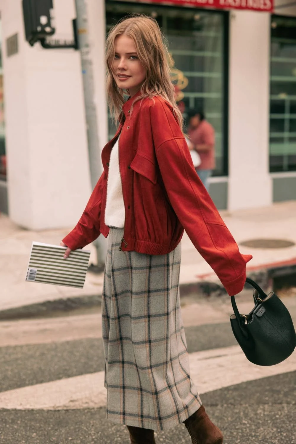 Pleated Midi Wrap Skirt Gray Multi Plaid