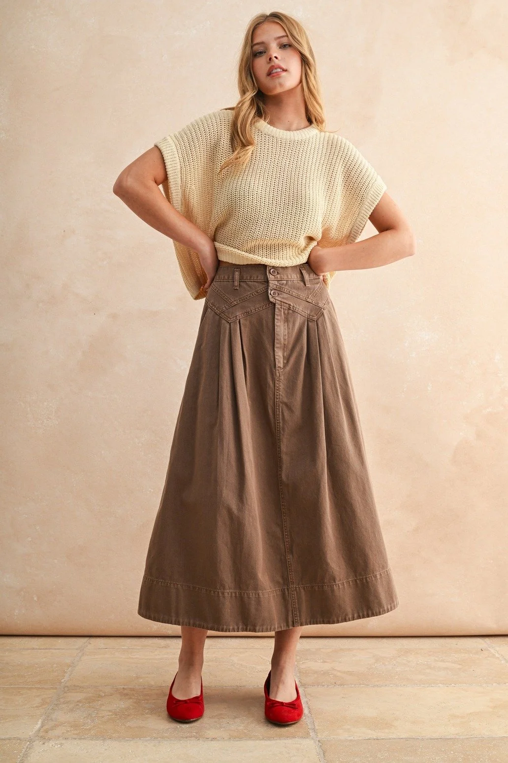 Pleat Detail Cotton Midi Skirt Mocha Mouse