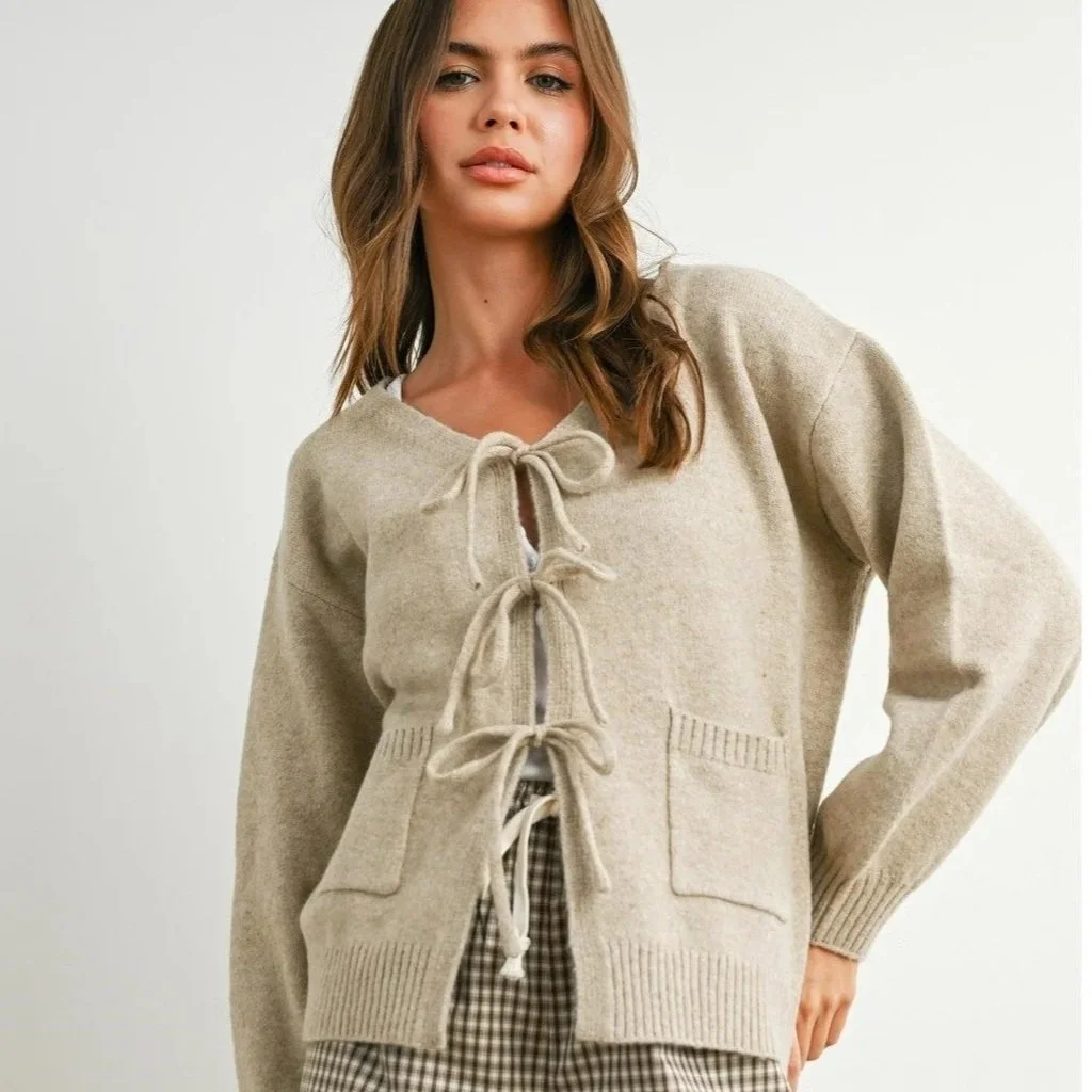 V-neck Tie Front Pocket Cardigan Taupe