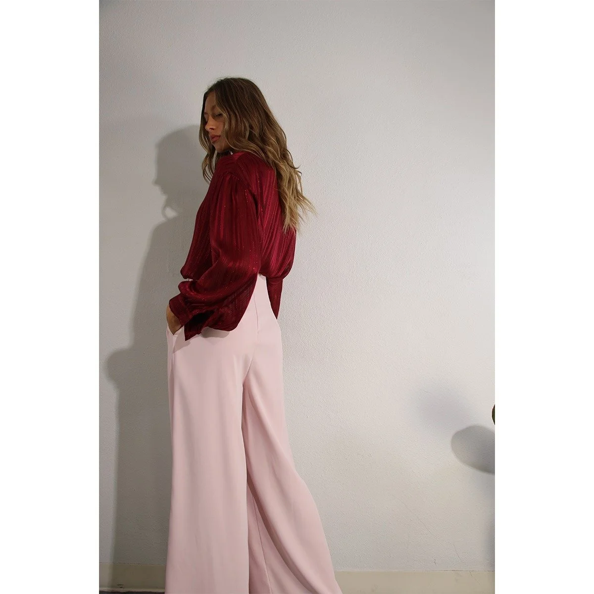 Asymmetric Ruffle Blouse Burgundy