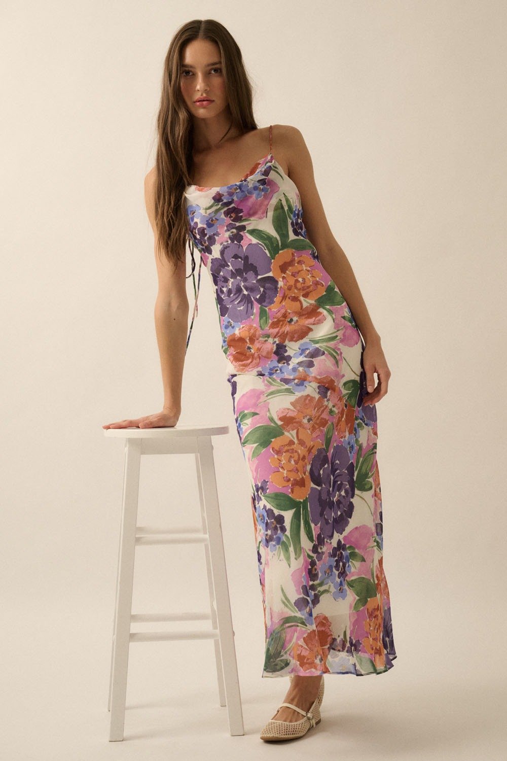 Floral Chiffon Cowl Neck Maxi Dress