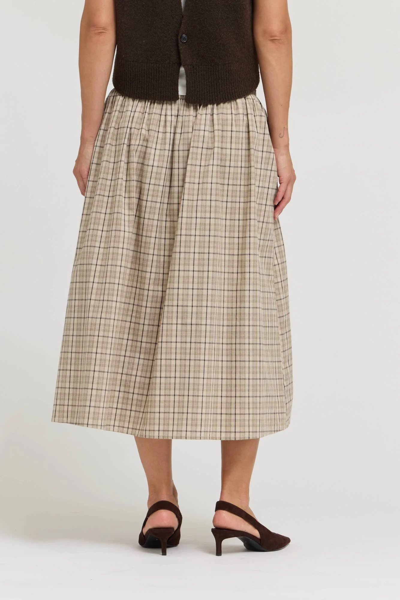 Plaid Smocked Waist Midi Skirt Cream