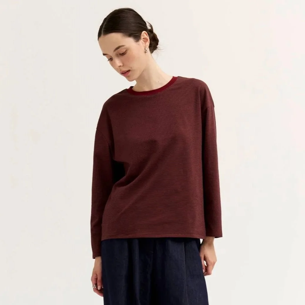 Contrast Color Ribbed Long Sleeve Tee Brick Red