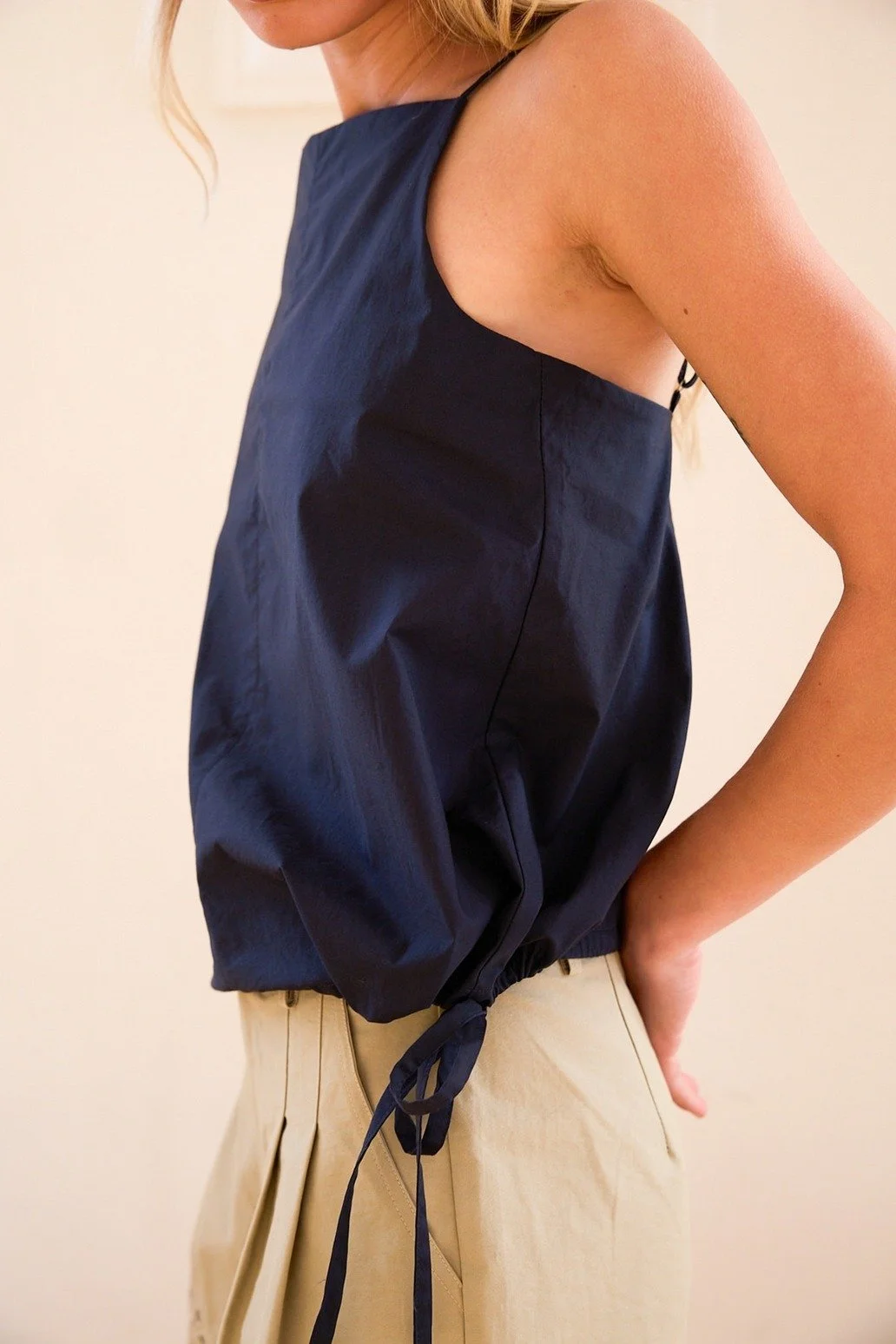 Square Neck Cotton Bubble Tank Navy