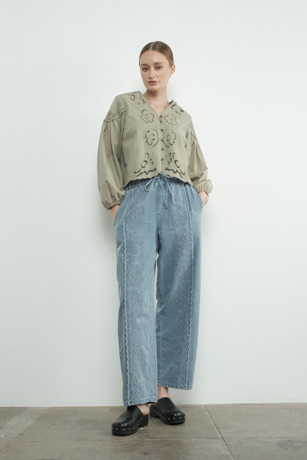 Embroidered Flower V-neck Button Blouse Olive