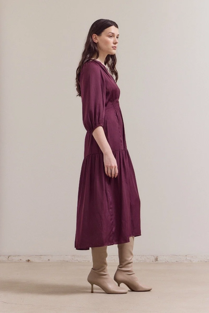 3/4 Sleeve Satin Midi Dress Plum Wine