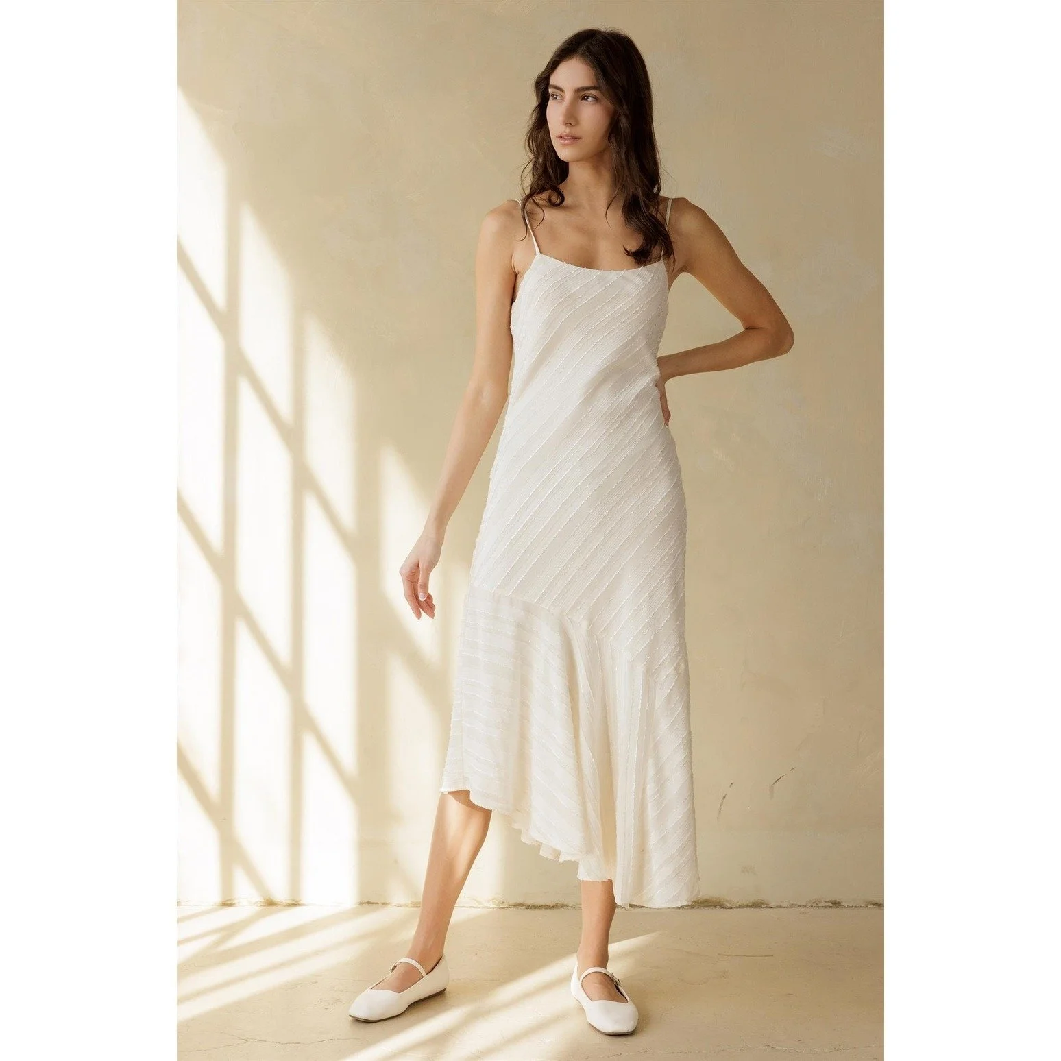 Asymmetric Ruffled Midi Slip Dress Cream