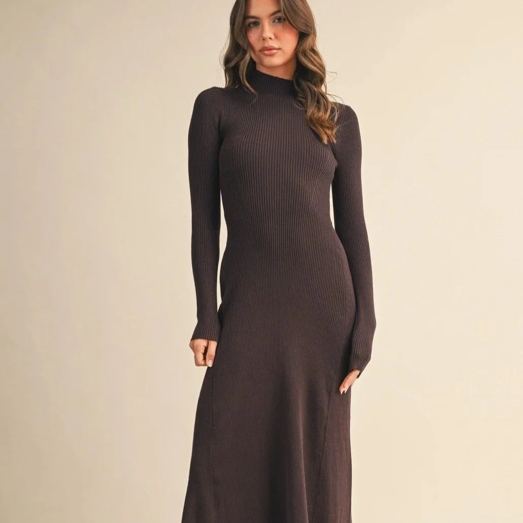 Mock Neck Ribbed Midi Dress Dark Chocolate