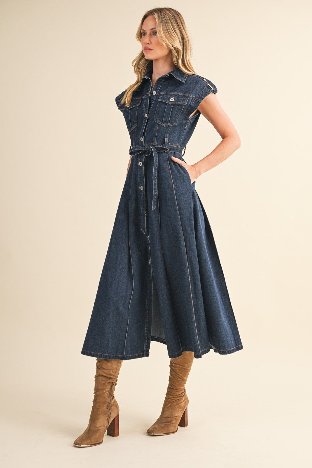 Cap Sleeve Button Down Midi Dress Dark Denim