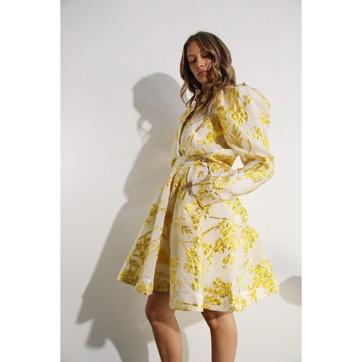 Embossed Print Puff Sleeve Blouse & Skirt Set Golden