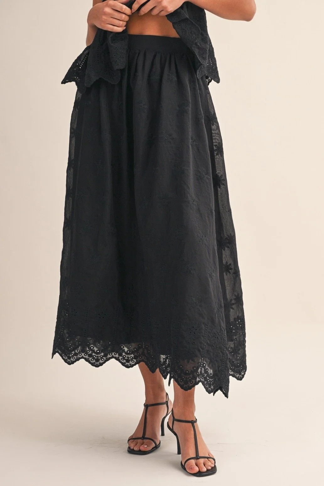 Embroidered Eyelet Blouse & Midi Skirt Set Black