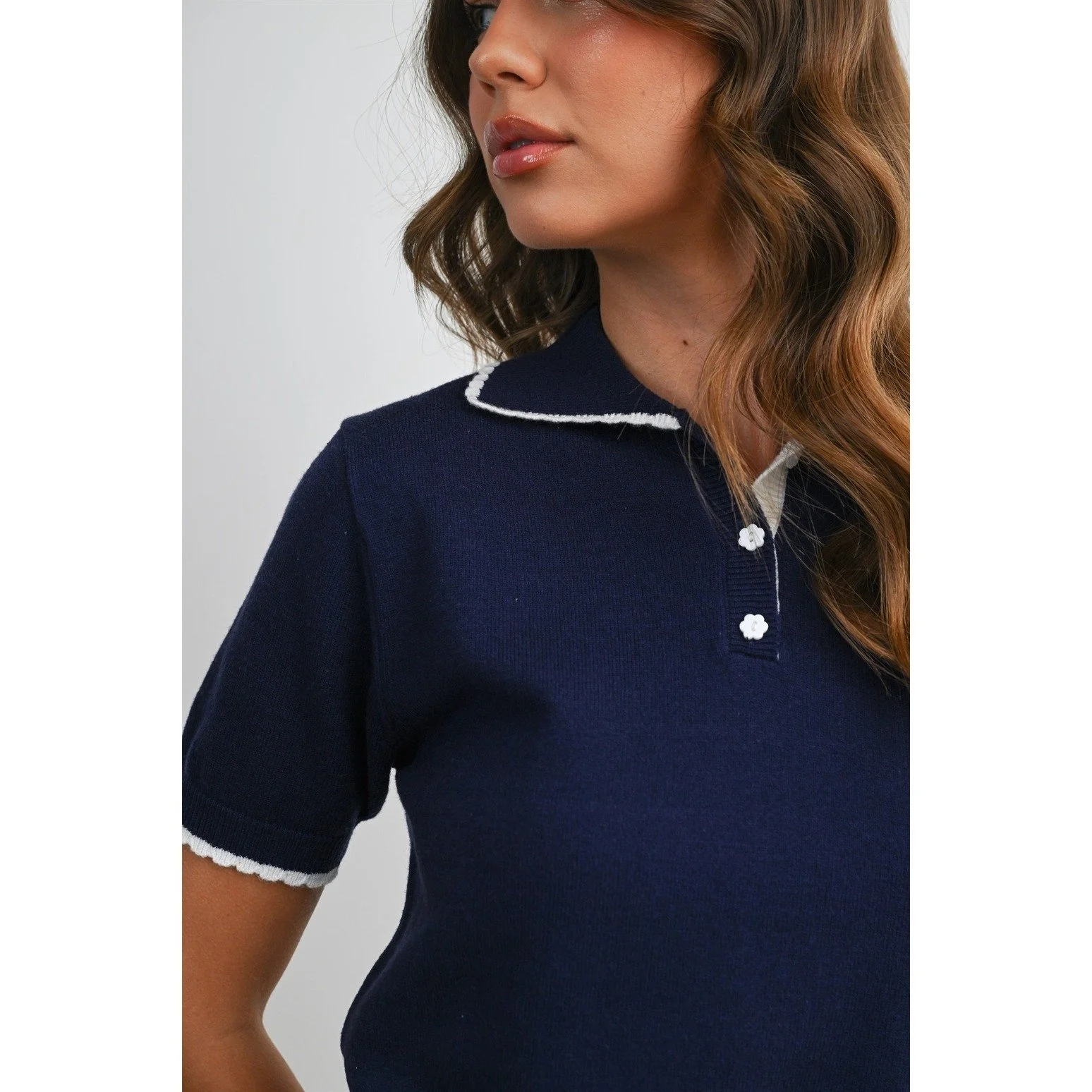 Scalloped Trim Knit Polo Navy