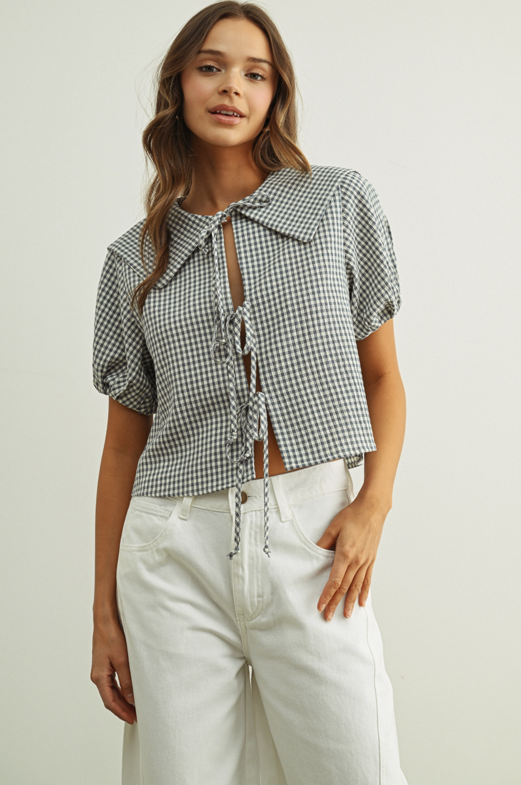 Front Tie Collared Blouse Blue Gingham