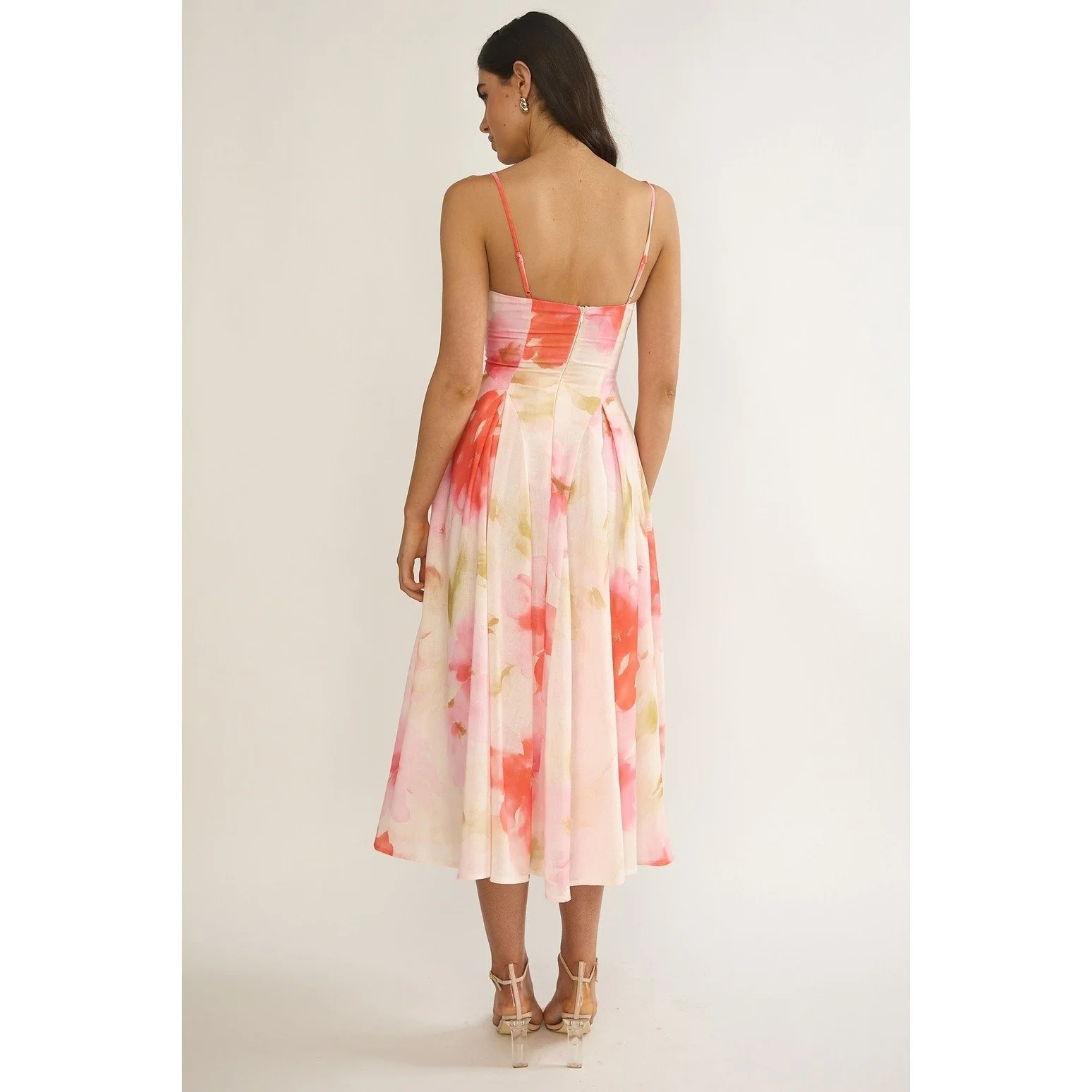 Sweetheart Basque Waist Midi Dress Peach Floral