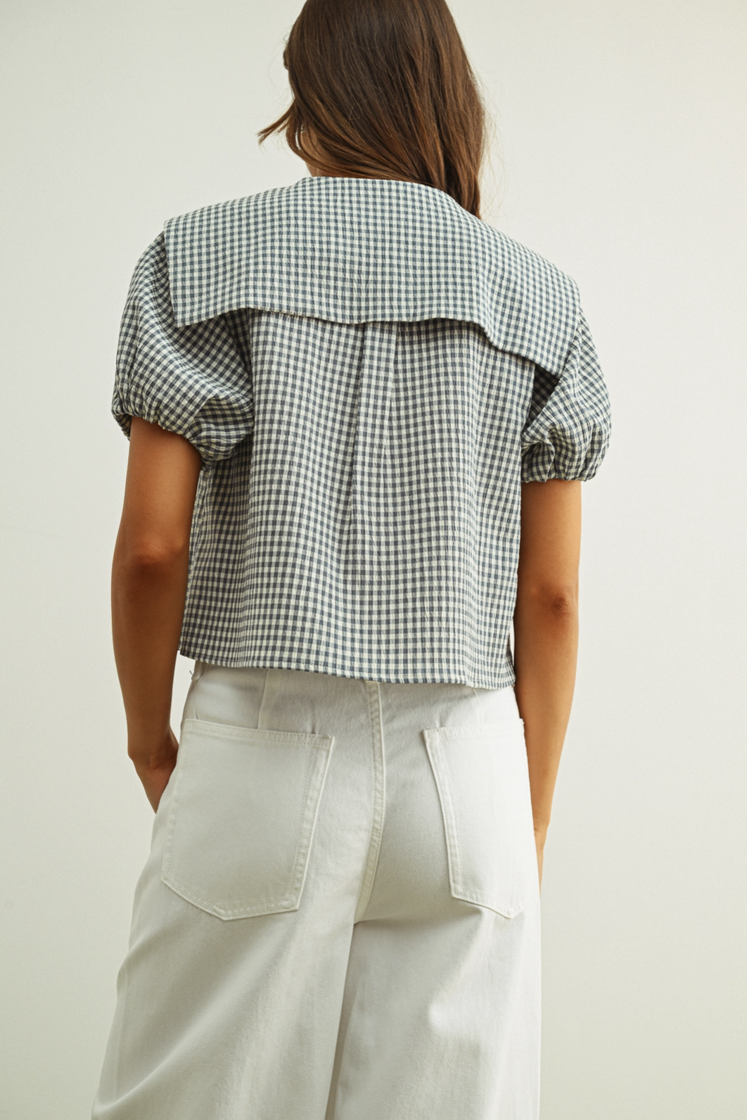 Front Tie Collared Blouse Blue Gingham