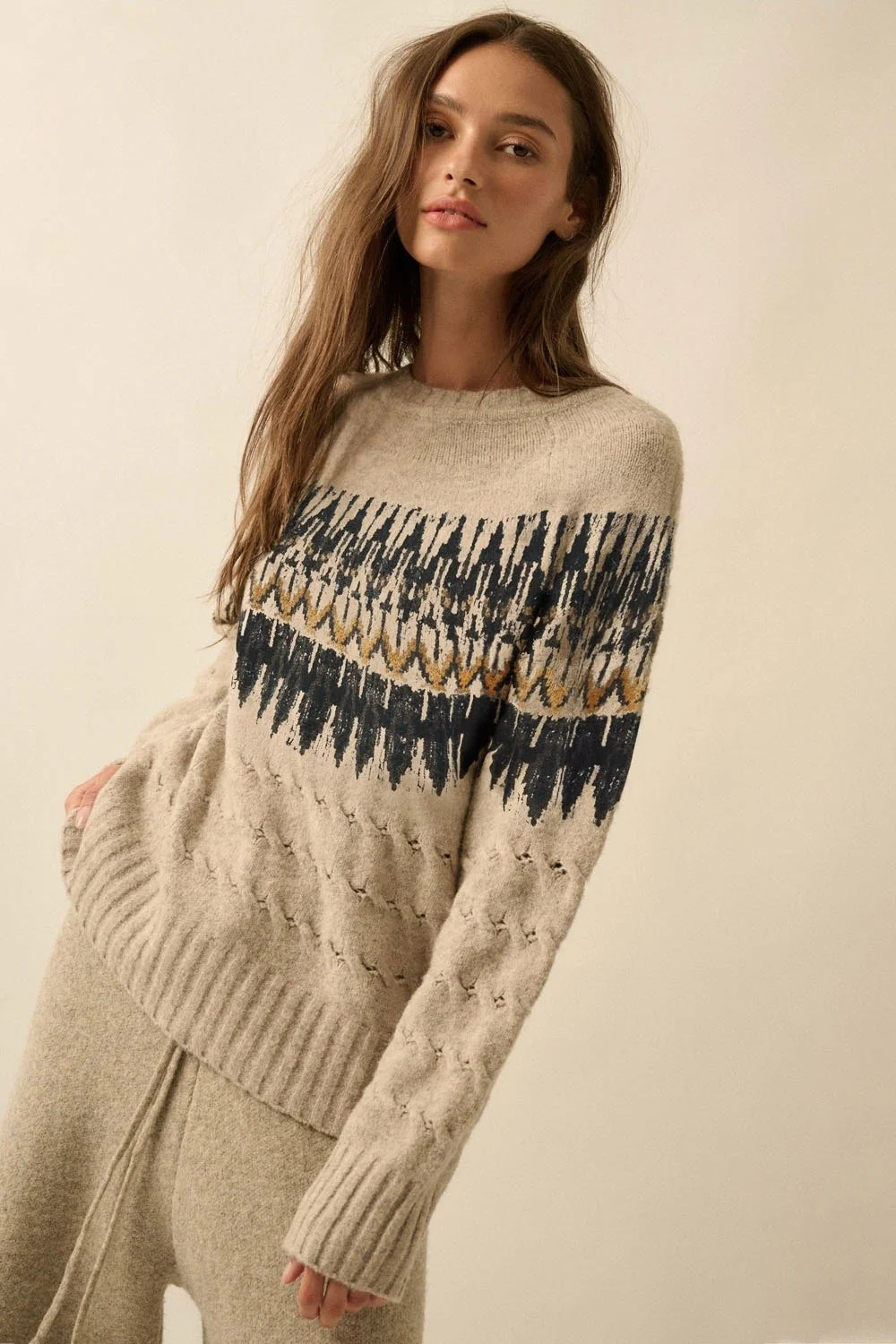 Cable Knit Fair Isle Raglan Sleeve Sweater Oatmeal
