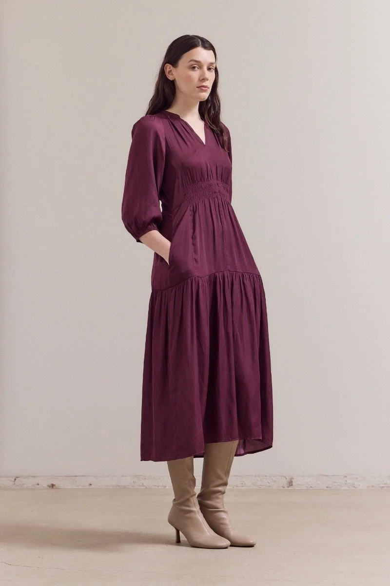 3/4 Sleeve Satin Midi Dress Plum Wine